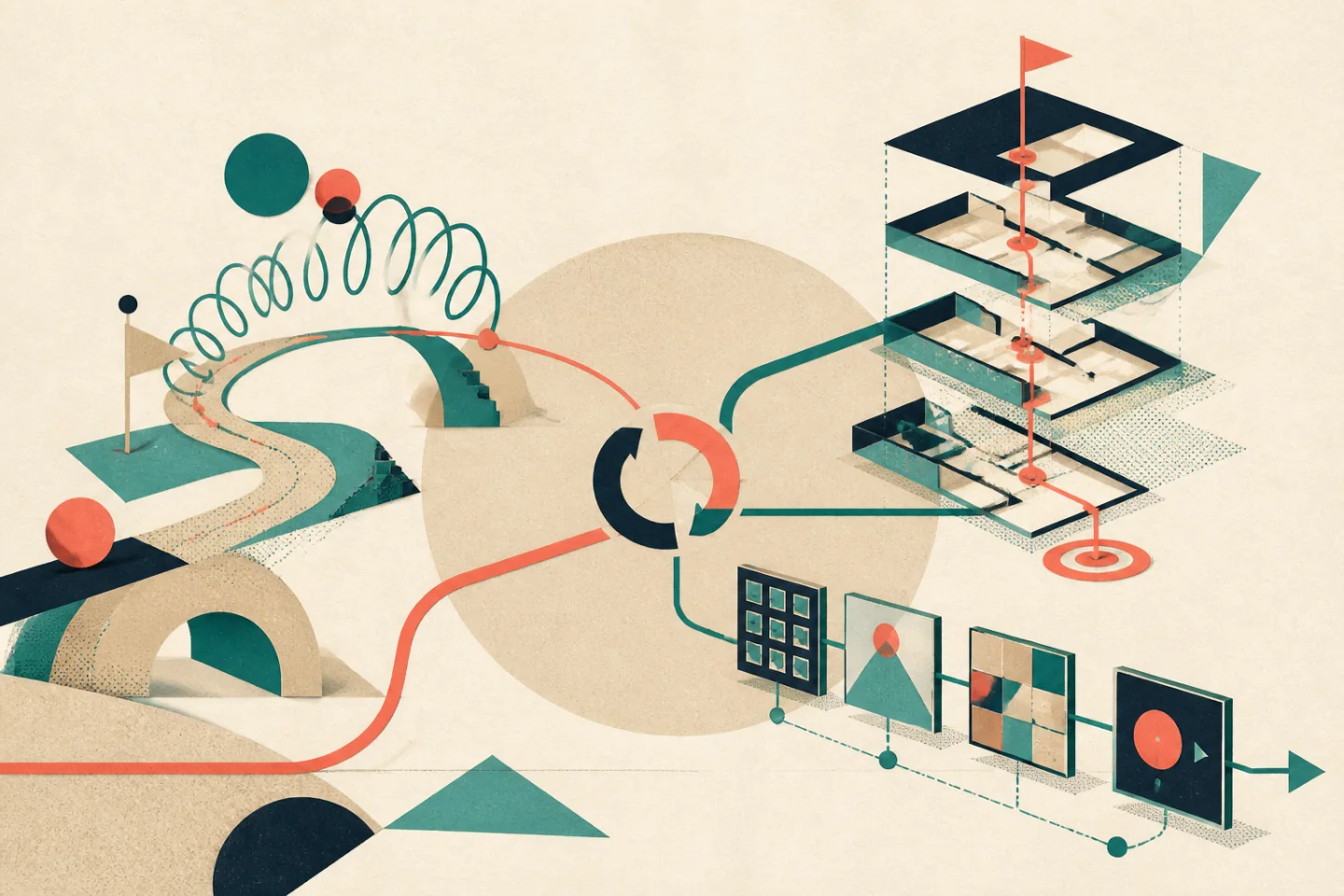 Abstract atlas illustration with coral and teal pathways linking an activity arc, stacked renovation plans, and media-processing frames.