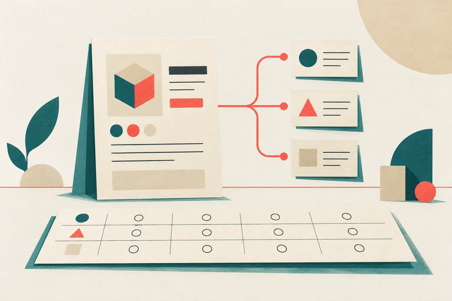 Cut-paper illustration of a software product profile connected by coral paths to three directory cards, above a submission register with empty status circles, on warm paper with teal shadows.