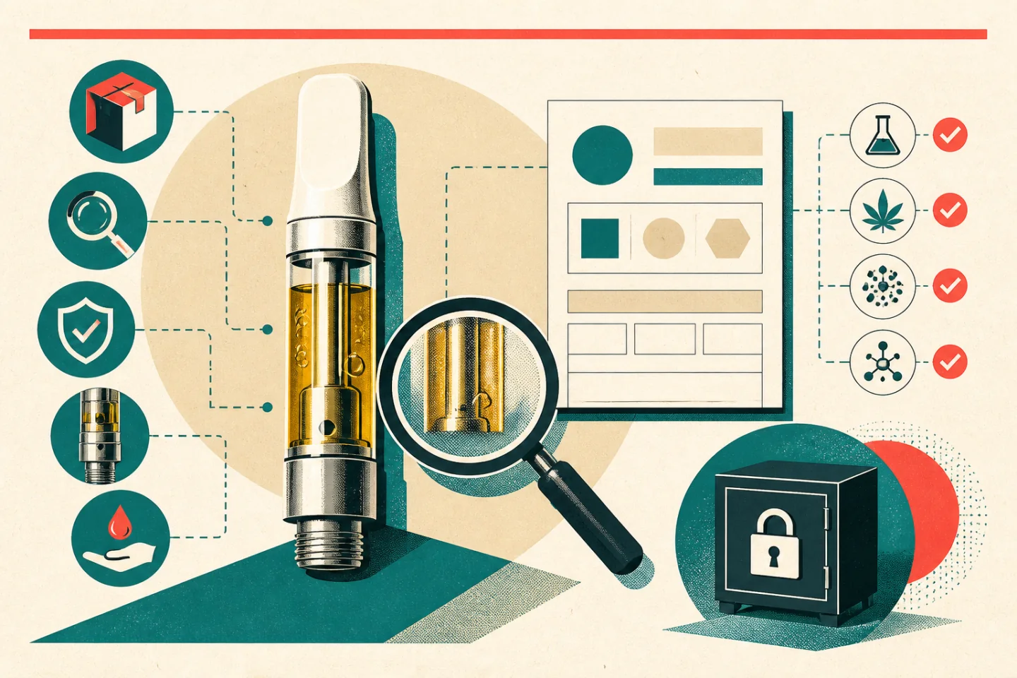 Atlas-style illustration of an unbranded vape cartridge under a magnifying glass beside a blank batch record, lab check icons, and a locked storage box.