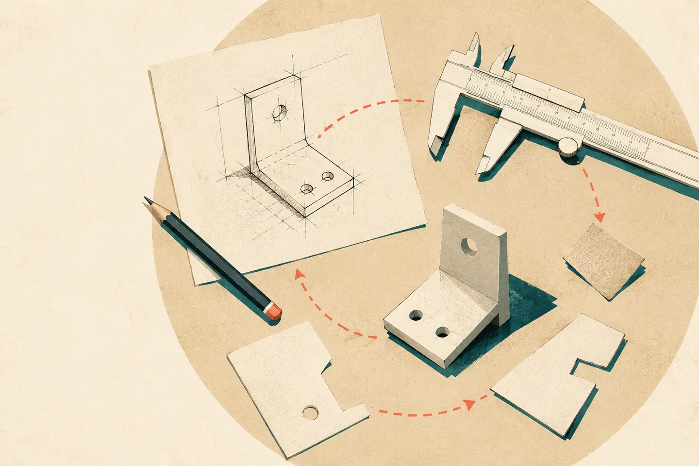 Textured illustration of a bracket sketch, calipers, pencil, cut material pieces and an assembled prototype on a sand circle, connected by coral arrows with teal shadows.
