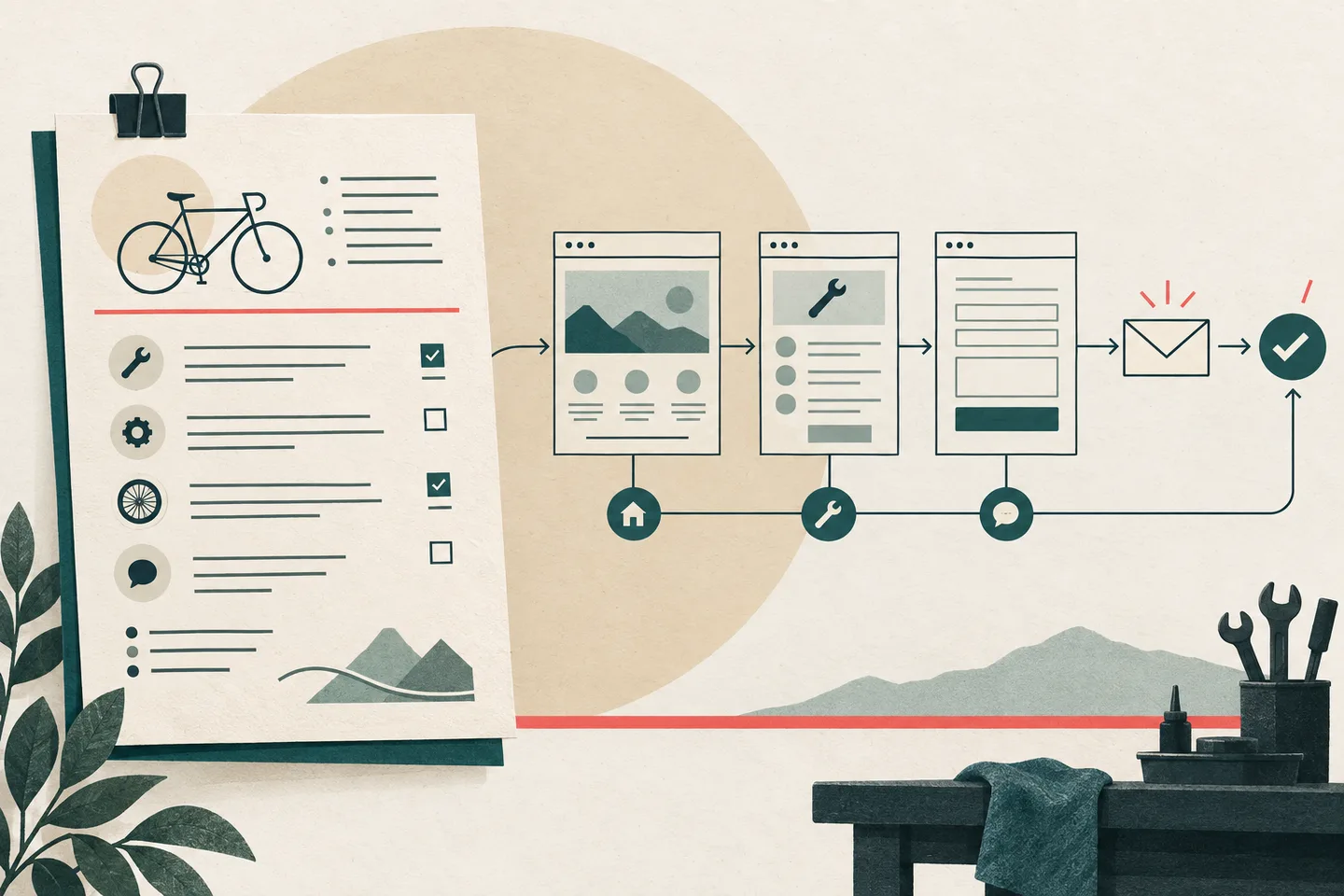 Paper-textured illustration of a bicycle workshop website brief connected to home, service and enquiry page layouts, an envelope and an approval check, in sand, teal and coral.