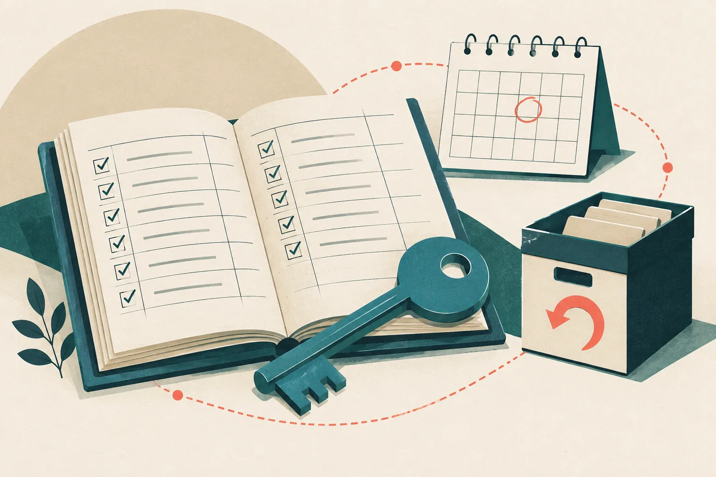 Paper-textured illustration of an ownership checklist, teal access key, maintenance calendar and backup archive box linked by a coral dotted route.