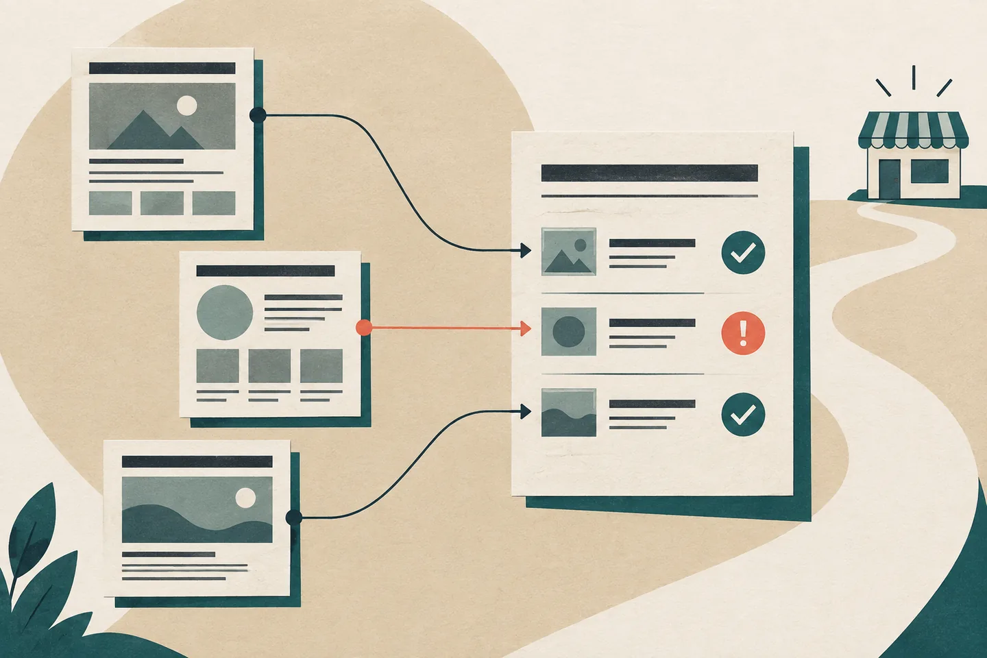 Three illustrated website pages connect to an acceptance sheet with teal approval checks and a coral unresolved-issue marker on a warm paper background.
